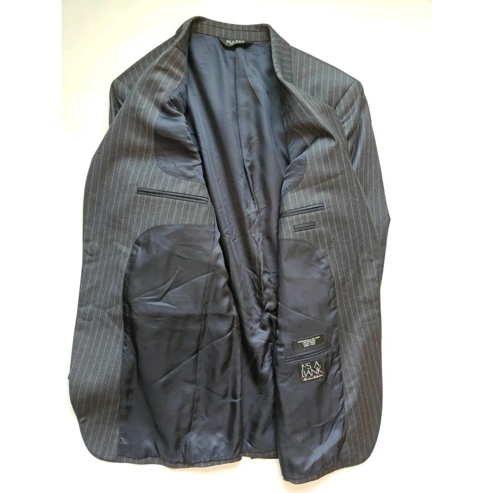 Jos A Bank Mens Wool Sports Coat 39L Blue Striped 2 Button Blazer U806
